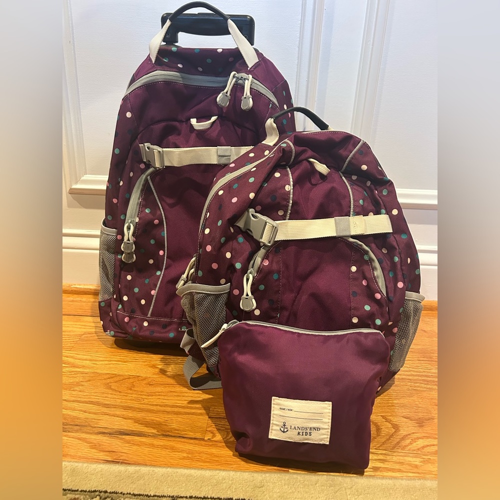 Lands' End Purple and White Polka Dot 3 Piece Backpack Set
